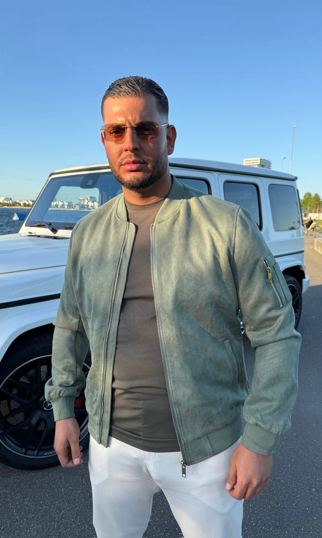 GREEN - 'THE ARZANO BOMBER' - SUEDE LOOK BOMBER JACKET
