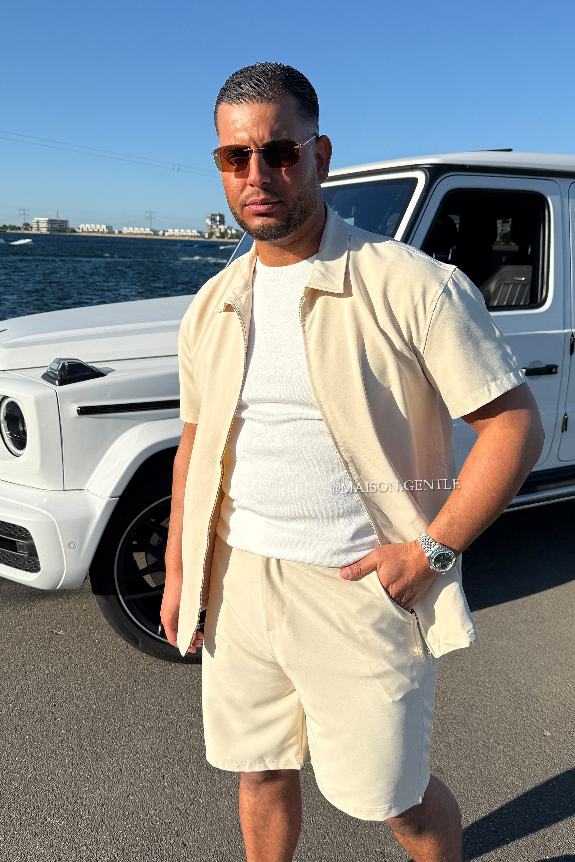 BEIGE - 'CAPRI TECH SET' - OVERSIZED SHORT SLEEVE SHIRT + SHORTS TECH SET