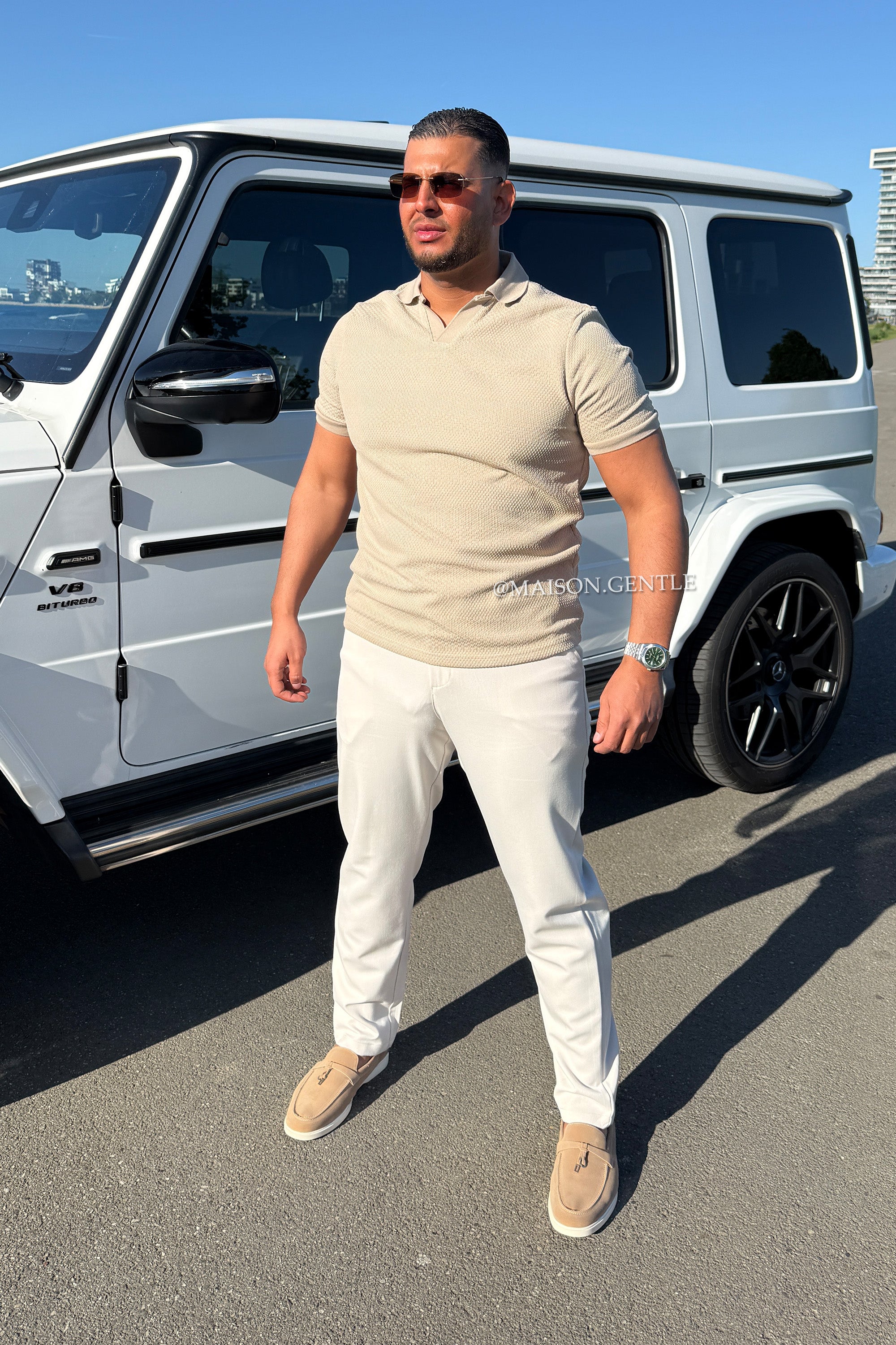 BEIGE - 'VALETTA POLO' - TEXTURED SLIM FIT POLO