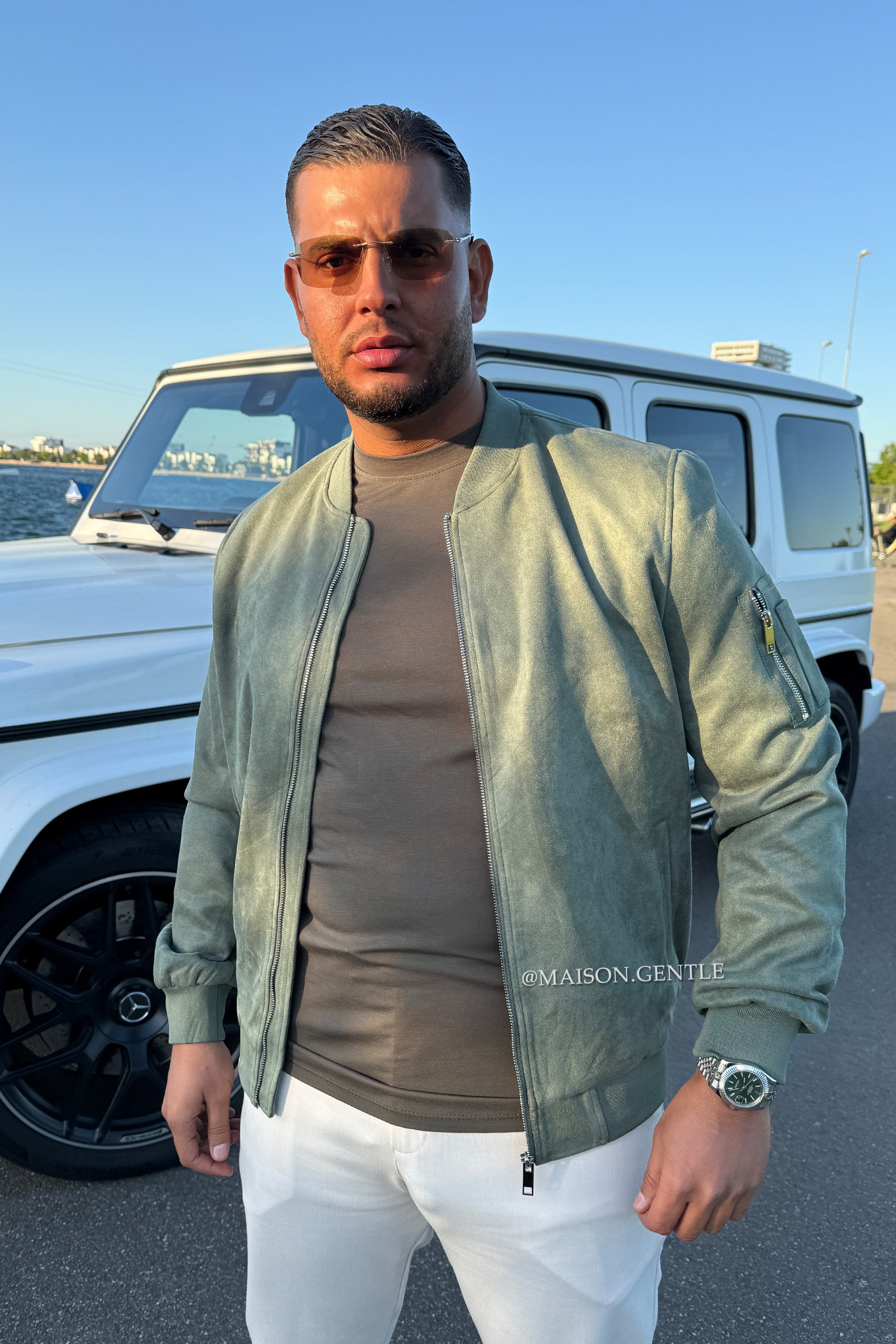 GREEN - 'THE ARZANO BOMBER' - SUEDE LOOK BOMBER JACKET