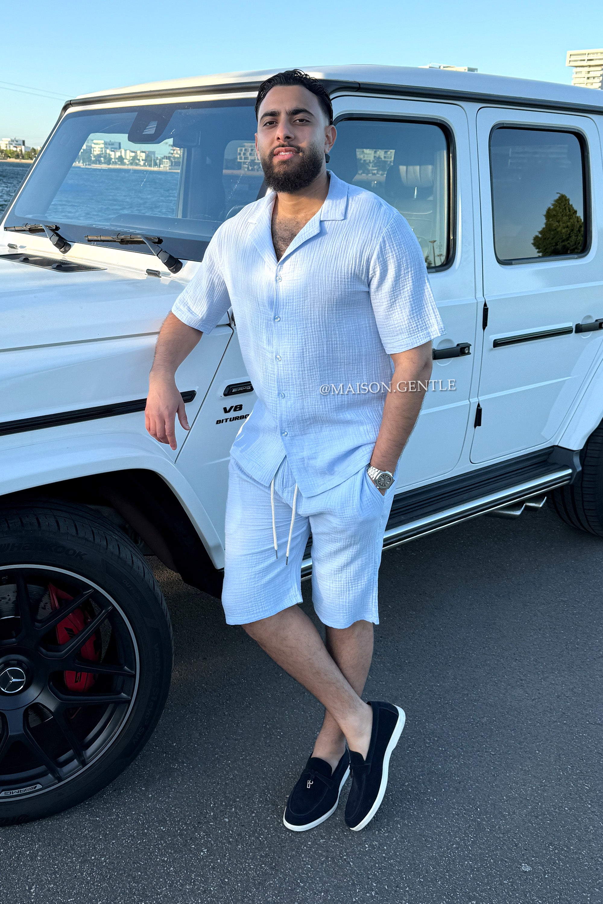 LIGHT BLUE - 'THE MOESSELINO SET' - MOESSELINE COTTON SHIRT + SHORT SET